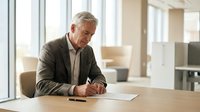 Senior male professional with gray hair and light complexion, wearing brown blazer and beige shirt, writing at wooden desk in modern office with large windows and contemporary furniture.