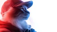 Cat wearing baseball cap in dramatic red and blue lighting effect, side profile view showing whiskers and fur detail against gradient background.