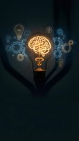 Glowing brain lightbulb with innovation icons and gears representing creative thinking, problem solving and bright ideas for business and education concepts.