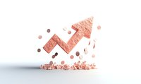 Rose gold arrow graph trending upward with scattered metallic particles and coins on white background, showing business growth and financial success.