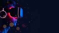 Futuristic astronaut in space helmet with neon lighting effects against starry cosmic background for sci-fi technology and space exploration concepts.