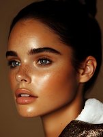 Young mixed race woman with freckles and natural glowing makeup in close-up portrait against warm brown background, showcasing dewy skin and defined brows.