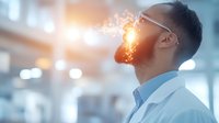 Asian male medical professional in lab coat exhaling glowing particles, representing stress relief, mindfulness or mental health concept in healthcare setting.
