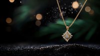 Elegant diamond pendant necklace with gold chain floating above dark textured surface against emerald green bokeh background with magical sparkles and light effects.