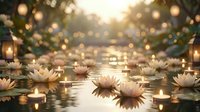 Serene spa scene with floating lotus flowers and candles on water surface creating peaceful meditation atmosphere with warm golden bokeh lights.