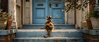 Small fluffy dog sitting on stone steps in front of vintage blue wooden door with weathered paint, surrounded by potted plants in charming old building entrance.
