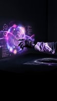 Hand in black glove touching glowing purple holographic interface with digital data visualization and tech elements for futuristic innovation concepts.
