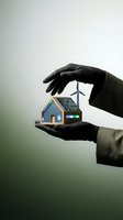 Protective hands holding eco-friendly smart house model with wind turbine and solar panels for sustainable energy and green technology concepts.