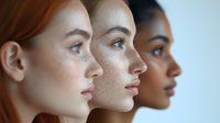 Side profile portraits of three diverse women with natural makeup and different skin tones standing in line against neutral background, representing beauty and inclusivity.