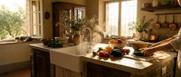 Warm sunlit farmhouse kitchen with marble countertops, apron sink, fresh produce, and rustic wooden shelving displaying cookware and plants.