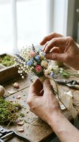 Florist hands arranging a tiny wildflower bouquet with roses, lavender, and baby's breath, tied with twine on a rustic wooden workbench.