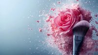 Pink rose with exploding makeup powder and professional brush against blue background, creating dynamic cosmetic art composition with scattered particles and soft lighting effects.