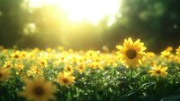 Vibrant sunflower field at golden sunset with dreamy bokeh effect, single flower standing tall among blurred yellow blooms creates magical summer atmosphere.