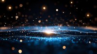 Glowing blue particles and golden bokeh lights create magical atmosphere with bright central light burst on dark background, abstract cosmic design.