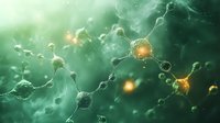 Glowing neural network connections on emerald green background showing synapses and neurons transmitting electrical signals in brain science visualization.