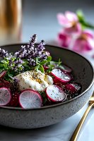 Fresh salad with sliced radish, burrata cheese, herbs and edible flowers in gray ceramic bowl. Elegant food styling with soft natural lighting.