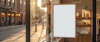 Blank white poster frame mockup in storefront window display during golden hour sunset with warm lighting and urban street background for advertising design.