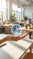 Hand holding glowing neon clock hologram in modern office workspace with colleagues working at desks, sunlit windows, and plants for time management and productivity concepts.