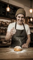 Young male baker in striped apron and beanie dusting flour on fresh bread loaf at wooden counter in artisan bakery with warm pendant lighting and menu board.