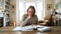 Middle-aged Caucasian woman with glasses reading documents at wooden table in cozy home office library with books and natural light from windows.