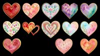 Colorful decorative hearts collection with floral and geometric patterns, isolated on transparent background. Great for Valentine's Day clipart, stickers, t-shirt design, and print on demand.
