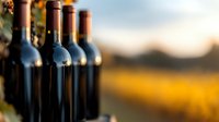 Dark wine bottles lined up against blurred vineyard landscape at sunset, creating atmospheric composition with warm golden light and selective focus.