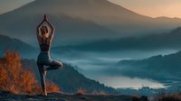 Woman practicing yoga tree pose on mountain cliff overlooking misty valley at sunrise. Meditation wellness fitness outdoor adventure mindfulness balance harmony.