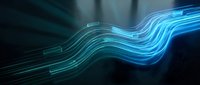 Digital flowing light waves with glowing blue neon lines creating motion effect on dark background. Suitable for technology, data, and digital transformation concepts.