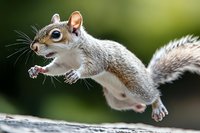 Squirrel with fluffy tail perched on branch, mouth open mid-chatter, displaying alert expression against soft green blurred background. Wildlife and nature stock photo.