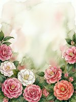 Watercolor floral border with pink and white camellia roses, green leaves, soft pastel background with copy space for greeting cards.