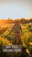 Senior male farmer in straw hat and work clothes standing in no-till organic farm field at golden hour sunset, inspecting sustainable crops and vegetables for harvest.