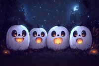Glowing white pumpkins with cute expressions lined up in mystical night forest setting under moonlit starry sky, creating magical Halloween atmosphere.
