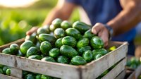 Fresh organic cucumbers in wooden crate at local farm market. Farmer hands holding box of harvested green vegetables in natural sunlight.