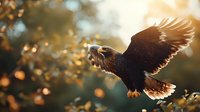 Majestic eagle soaring through autumn forest with spread wings against golden sunlight and bokeh background, capturing powerful flight moment in nature.