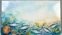 Underwater marine life scene with fish swimming among seaweed and coral formations in turquoise ocean waters with sandy bottom for educational content.