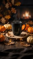 Steaming black mug on wooden slice surrounded by mini pumpkins, autumn leaves, and warm candlelight for fall beverage and seasonal home decor projects.