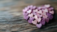 Purple and pink heart-shaped candies arranged in heart formation on wooden surface. Romantic confectionery for Valentine's Day, weddings, love celebrations, and greeting card designs.