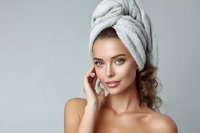 Young Caucasian woman with natural makeup, curly hair and towel on head against gray background, spa beauty concept for skincare products.