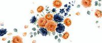 Watercolor floral arrangement with orange roses and navy blue flowers on white background for wedding invitations and romantic design projects.