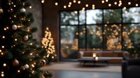 Cozy Christmas interior with decorated tree and bokeh lights creating magical holiday atmosphere. Blurred window view adds depth to festive home setting.