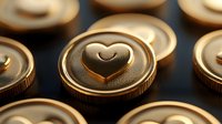 Metallic gold buttons with embossed heart design arranged in rows on dark background, shallow depth of field creates romantic luxury mood for fashion details.