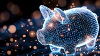 Digital wireframe piggy bank glowing with blue light and sparkles against dark background with bokeh effect, symbolizing digital savings and financial technology.