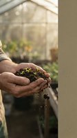 Gardener hands holding soil with green seedling in greenhouse. Organic farming, plant growth, sustainable agriculture and gardening concept.