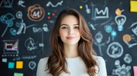 Young Caucasian businesswoman with long brown wavy hair smiling confidently against blackboard with creative business doodles, charts and icons. Marketing strategy concept.