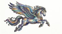 Ornate winged horse with decorative gold and blue metallic patterns, isolated on transparent background. Ready for t-shirt design, clipart, stickers, sublimation, and print-on-demand products.
