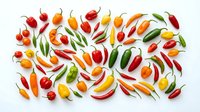 Colorful hot chili peppers and green leaves arranged on white background, overhead flat lay composition for food, cooking, spice, and culinary design projects.