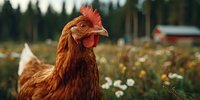Brown hen with red comb standing in farm field with wildflowers and barn background. Free-range poultry farming concept for organic agriculture marketing.