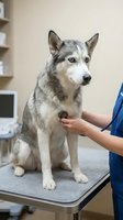 Veterinarian examining Siberian Husky dog with stethoscope during health checkup at modern animal clinic for pet care and medical treatment.