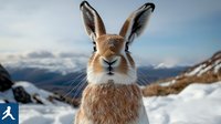 Close up portrait of brown and white rabbit with long ears in snowy mountain landscape against blue sky and clouds, looking directly at camera with curious expression.