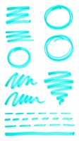 Turquoise hand-drawn marker strokes, circles, wavy lines, and dashed elements isolated on white background. Versatile design elements for graphic design, web design, presentations, and creative projects.